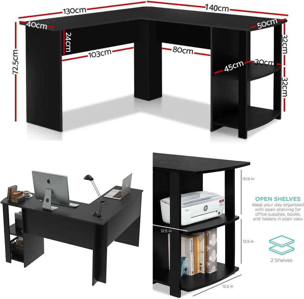 L-Shaped Computer Desk with Reversible 2-Tier Shelves, Modern Corner Desk for Home Office, Compact Writing Table with Ample Workspace, 140 * 130 * 72 cm