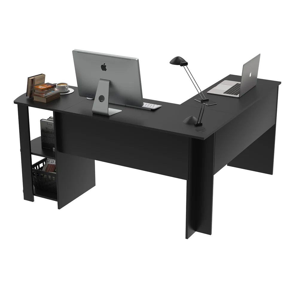 L-Shaped Computer Desk with Reversible 2-Tier Shelves, Modern Corner Desk for Home Office, Compact Writing Table with Ample Workspace, 140 * 130 * 72 cm