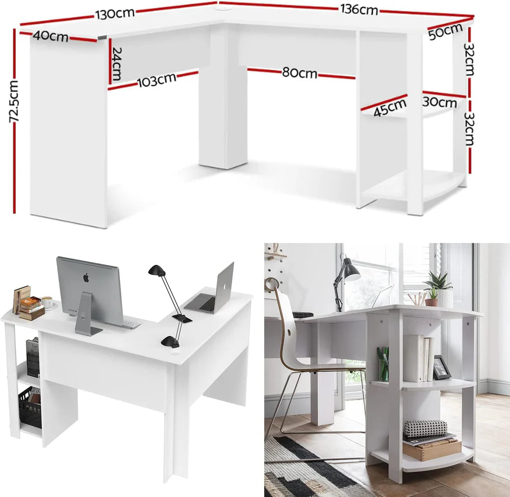 L-Shaped Computer Desk with Reversible 2-Tier Shelves, Modern Corner Desk for Home Office, Compact Writing Table with Ample Workspace, 140 * 130 * 72 cm