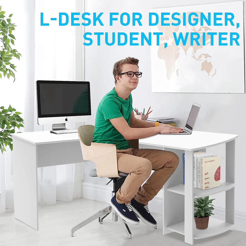 L-Shaped Computer Desk with Reversible 2-Tier Shelves, Modern Corner Desk for Home Office, Compact Writing Table with Ample Workspace, 140 * 130 * 72 cm