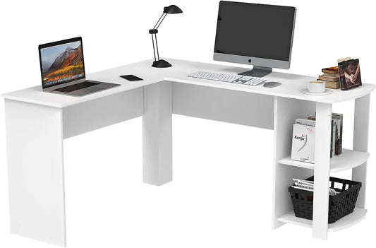 L-Shaped Computer Desk with Reversible 2-Tier Shelves, Modern Corner Desk for Home Office, Compact Writing Table with Ample Workspace, 140 * 130 * 72 cm